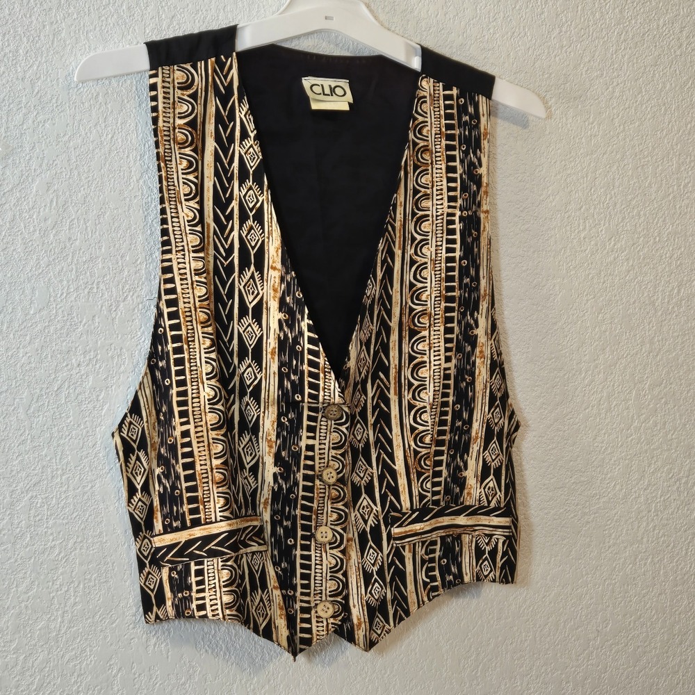 Vintage Clio Boho Tribal Vest Womens M Black Tan Button Front Southwest Festival